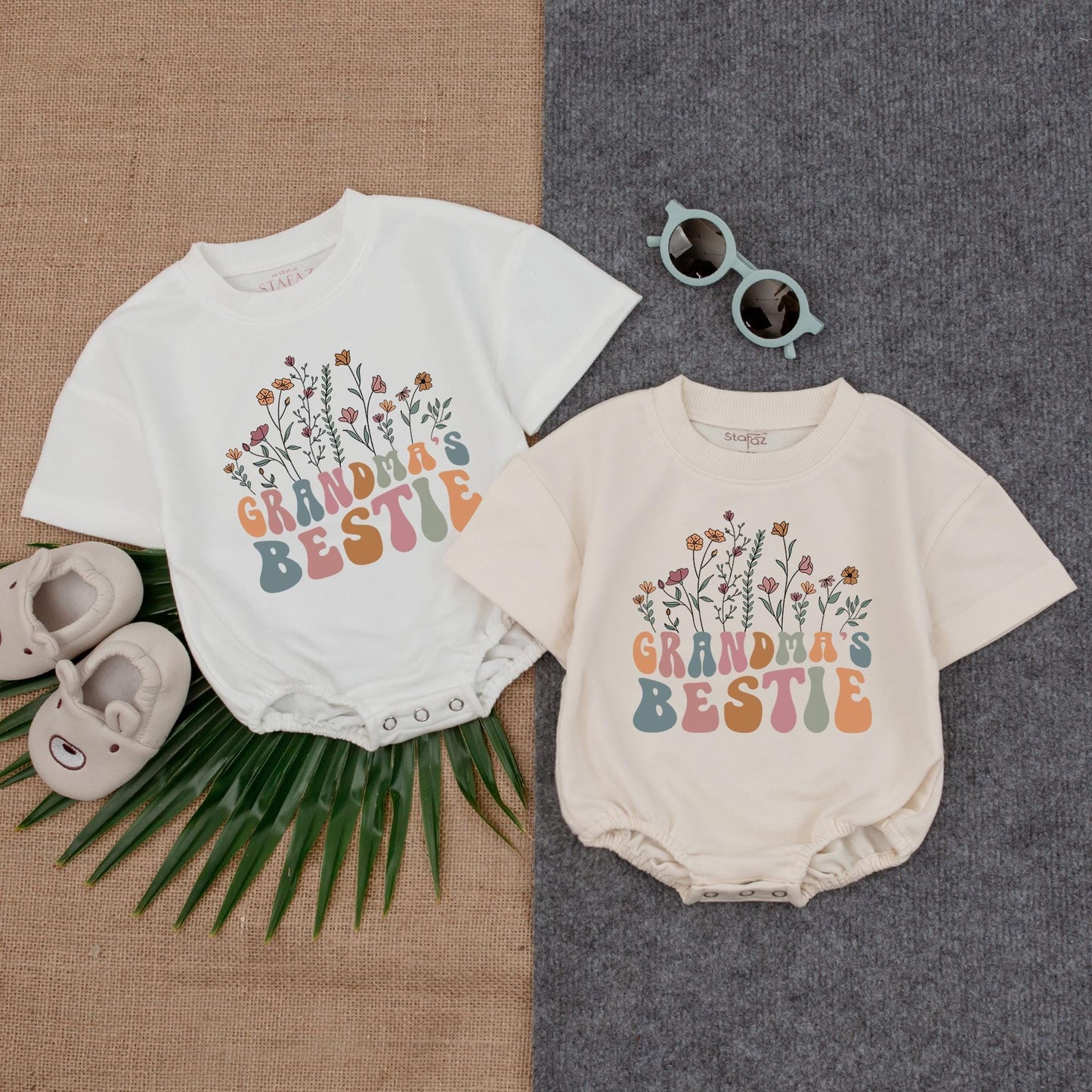 Grandma's Bestie Floral Wildflower Baby Romper Newborn Girl Gift from Grandma Cute Retro Outfit for Baby Shower Spring