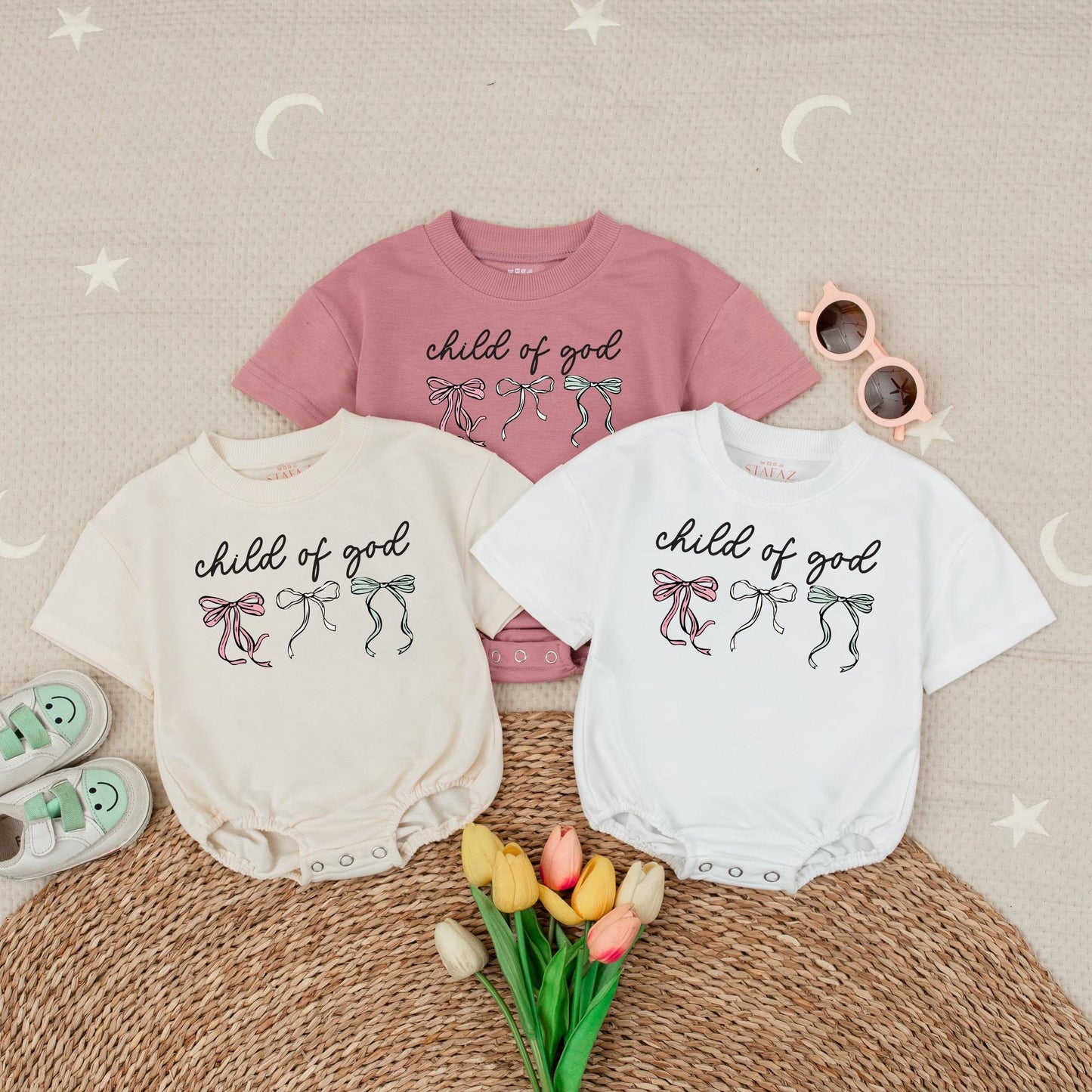 Child of God Baby Romper Short Sleeves Faith Religious Bodysuit Newborn Bow Gift Baby Shower Present