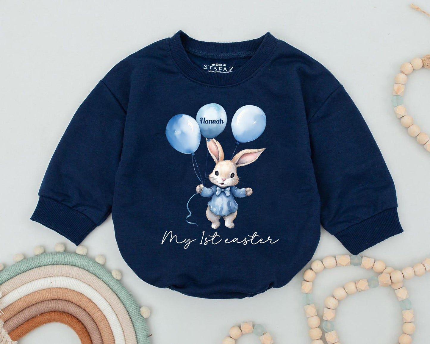 My First Easter Baby Romper Personalized Bunny Rabbit Watercolor Design Blue Suit Balloons Hannah Name Sweet Whimsical Baby Girl Boy Gift Outfit