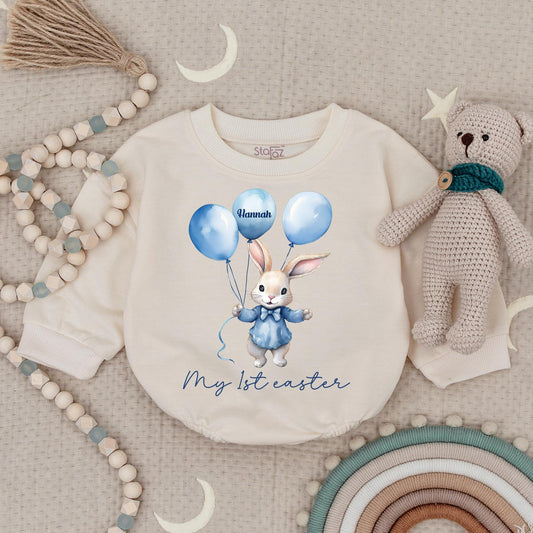My First Easter Baby Romper Personalized Bunny Rabbit Watercolor Design Blue Suit Balloons Hannah Name Sweet Whimsical Baby Girl Boy Gift Outfit