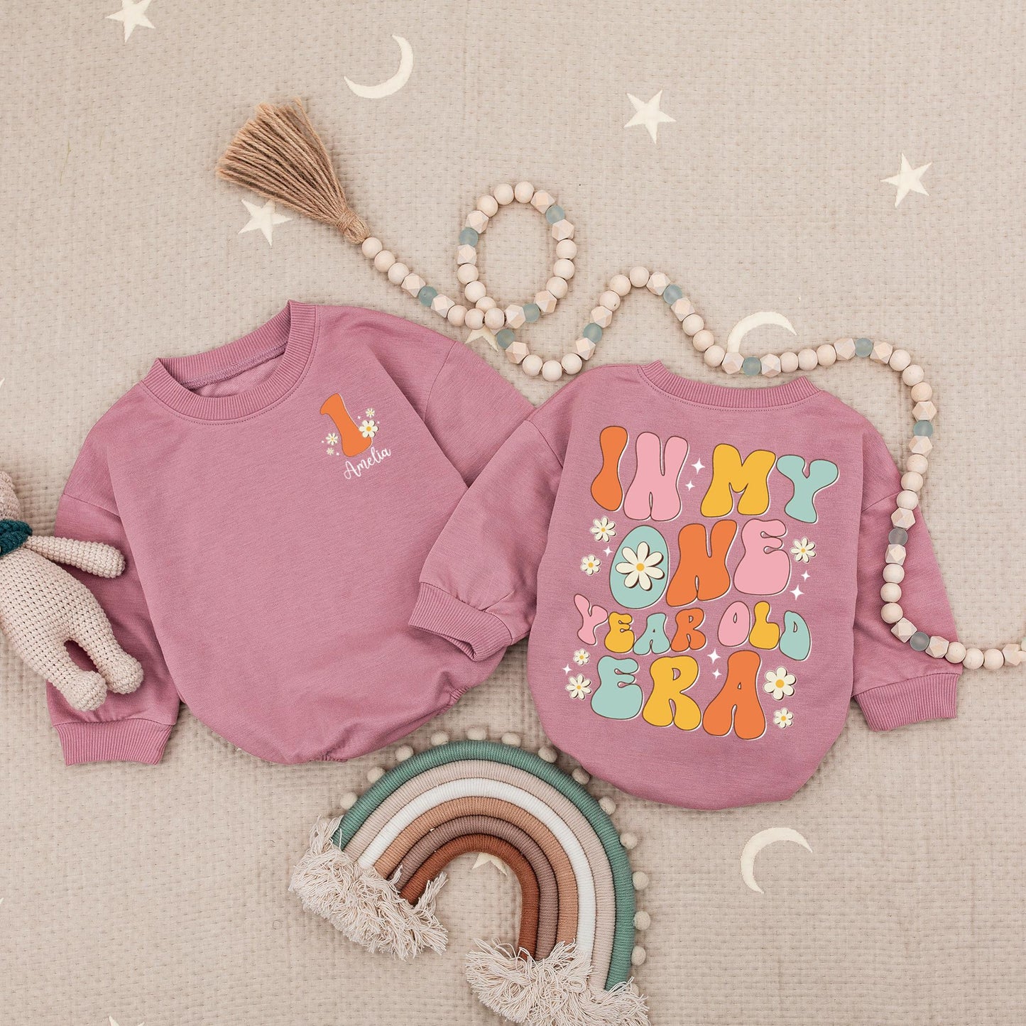 Personalized In My One Year Old Era Birthday Baby Romper Rainbow Floral Design First Birthday Outfit Amelia