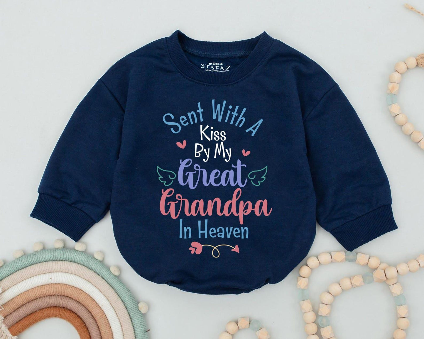 Sent With A Kiss Bodysuit From My Great Grandpa In Heaven, Sweet Baby Shower Memorial Gift, Pink Hearts and Angel Wings, Custom Baby Bodysuit, Infant Bodysuit