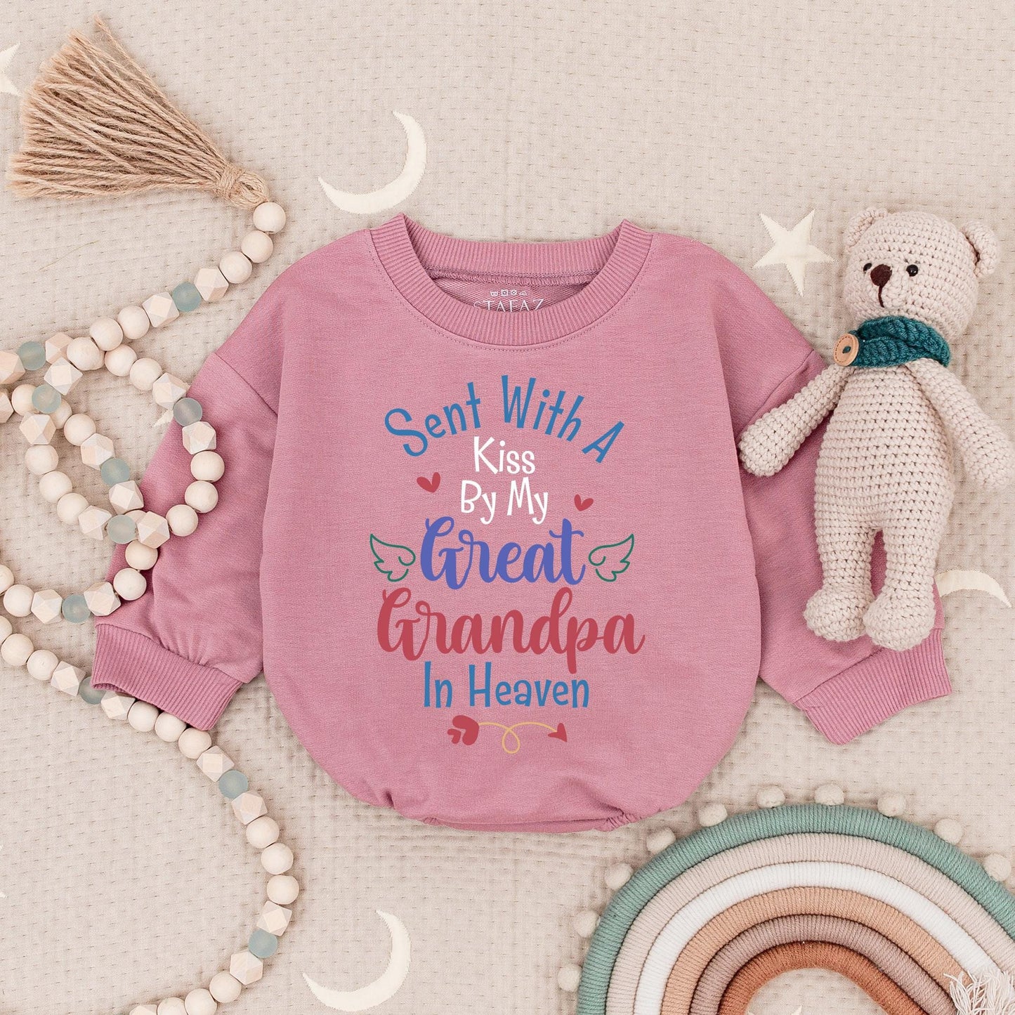 Sent With A Kiss Bodysuit From My Great Grandpa In Heaven, Sweet Baby Shower Memorial Gift, Pink Hearts and Angel Wings, Custom Baby Bodysuit, Infant Bodysuit