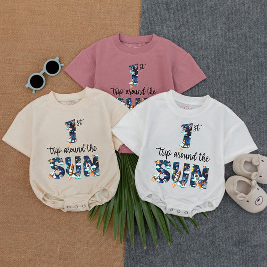 Outer Space First Birthday Bubble Romper for Boy, Blast Off One Year Trip Around Sun Rocket Ship Party Outfit Gift