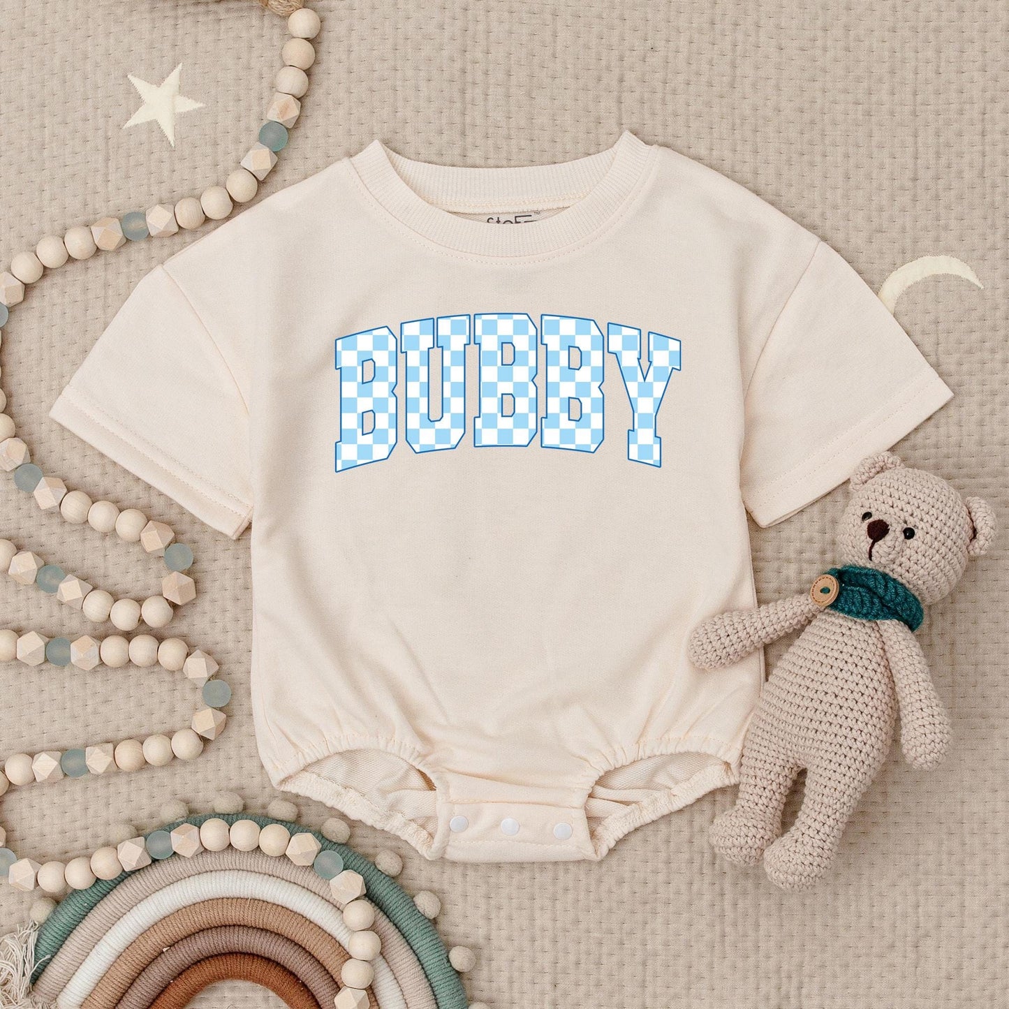 BUBBY Baby Boy Romper, My First Birthday Outfit, Cute Bodysuit, Summer Clothes for Baby Boys, Playful Checkerboard Design