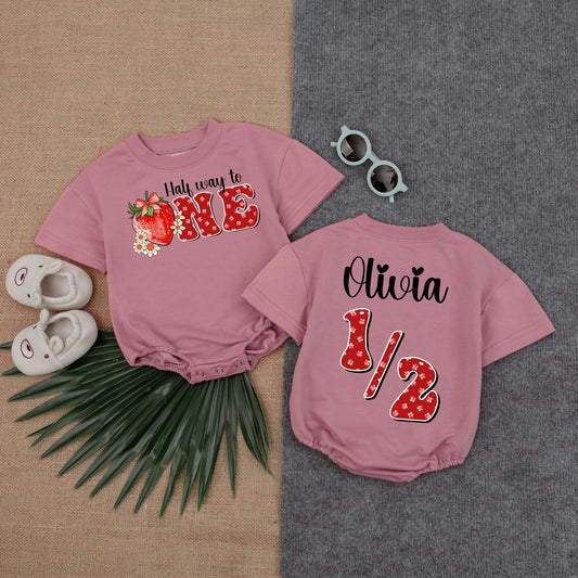 Custom Berry Birthday Bubble Romper for Girls Half Birthday Outfit Sweet Strawberry Theme