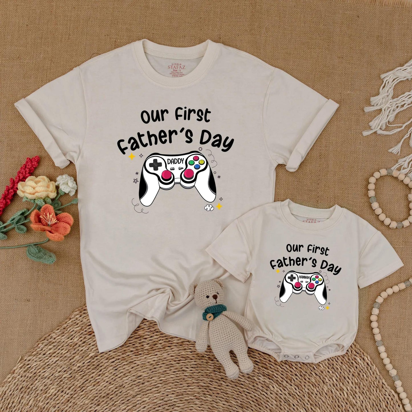 Custom Gaming First Fathers Day Matching Shirt for Daddy and Baby Personalized with Names Adorable Matching Outfits for a Special First Father's Day Gift