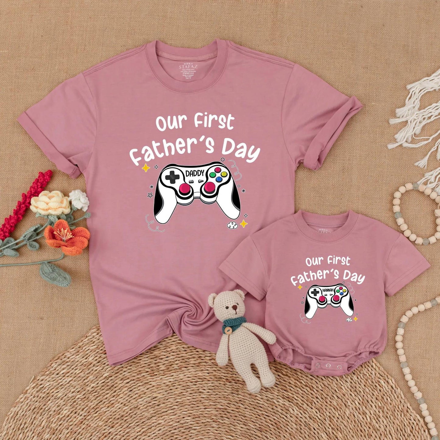 Custom Gaming First Fathers Day Matching Shirt for Daddy and Baby Personalized with Names Adorable Matching Outfits for a Special First Father's Day Gift