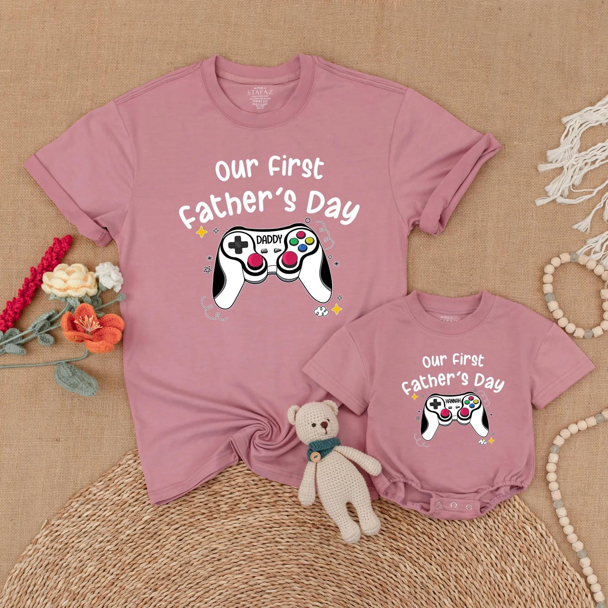 Custom Gaming First Fathers Day Matching Shirt for Daddy and Baby Personalized with Names Adorable Matching Outfits for a Special First Father's Day Gift