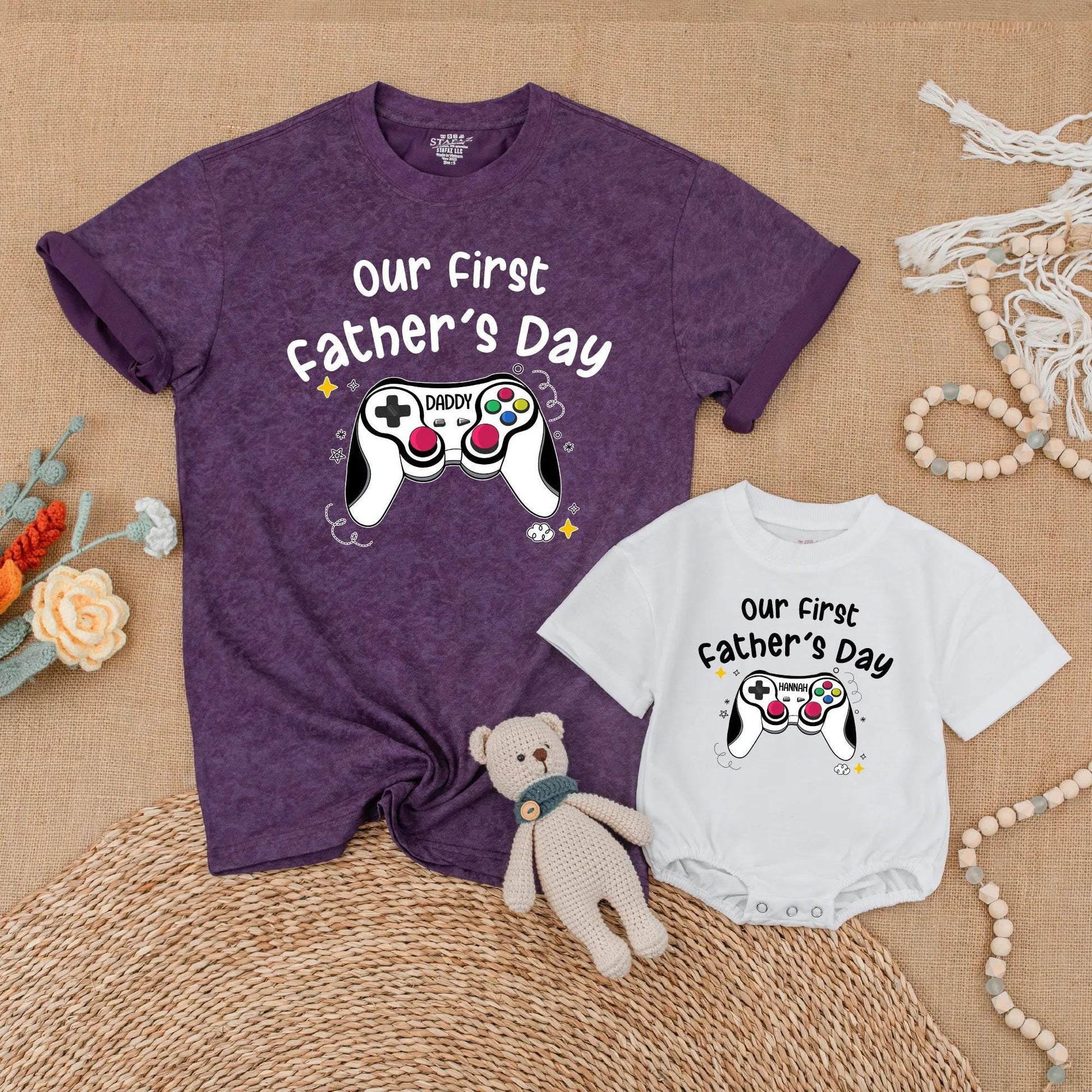 Custom Gaming First Fathers Day Matching Shirt for Daddy and Baby Personalized with Names Adorable Matching Outfits for a Special First Father's Day Gift