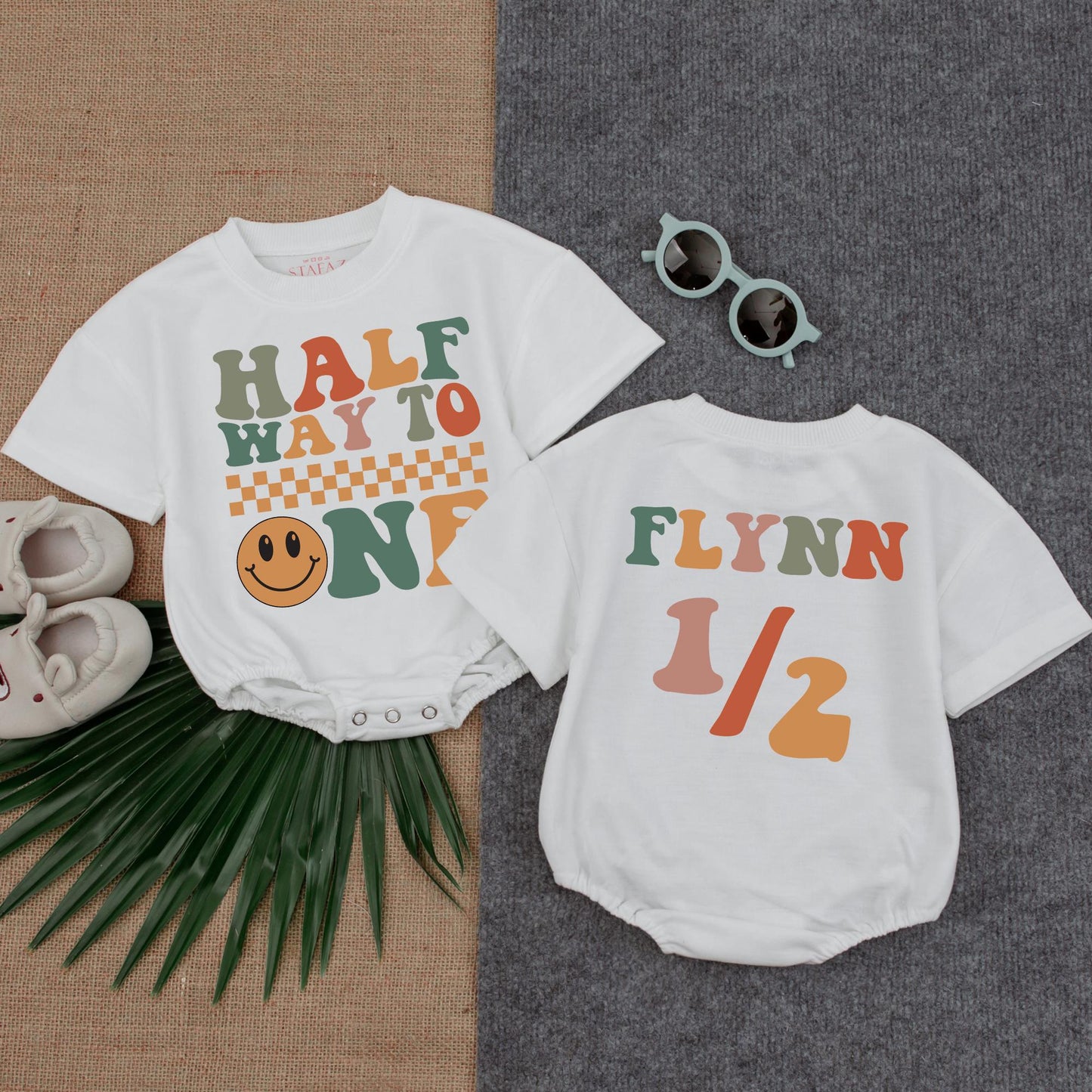 Custom Name Half Birthday Bubble Romper 6 Month Bodysuit Halfway to One Outfit Baby Girl Boy Gift