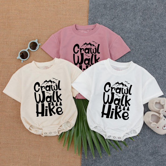 Crawl Walk Hike Baby Bubble Romper Adventure Bodysuit, Outdoorsy Nature Inspired Infant Outfit with Playful Mountain & Tree Design