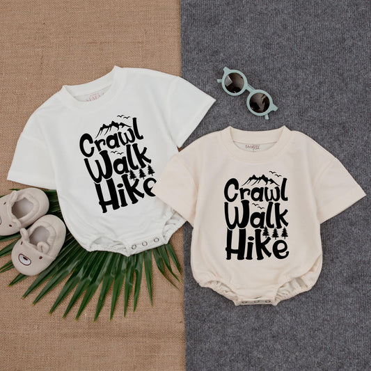 Crawl Walk Hike Baby Bubble Romper Adventure Bodysuit, Outdoorsy Nature Inspired Infant Outfit with Playful Mountain & Tree Design