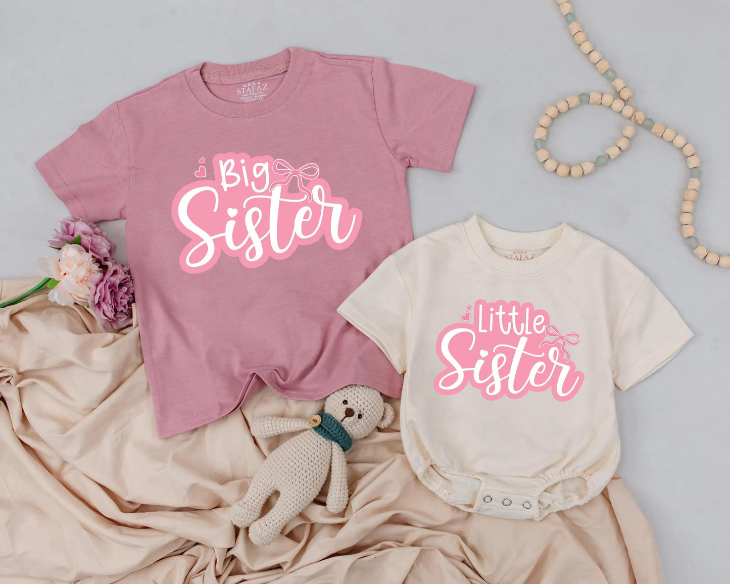 Adorable Big Sister Little Sister Matching Outfit Cute Pink Bow Toddler Shirt Baby Bubble Romper Sister Announcement Gift for Girls