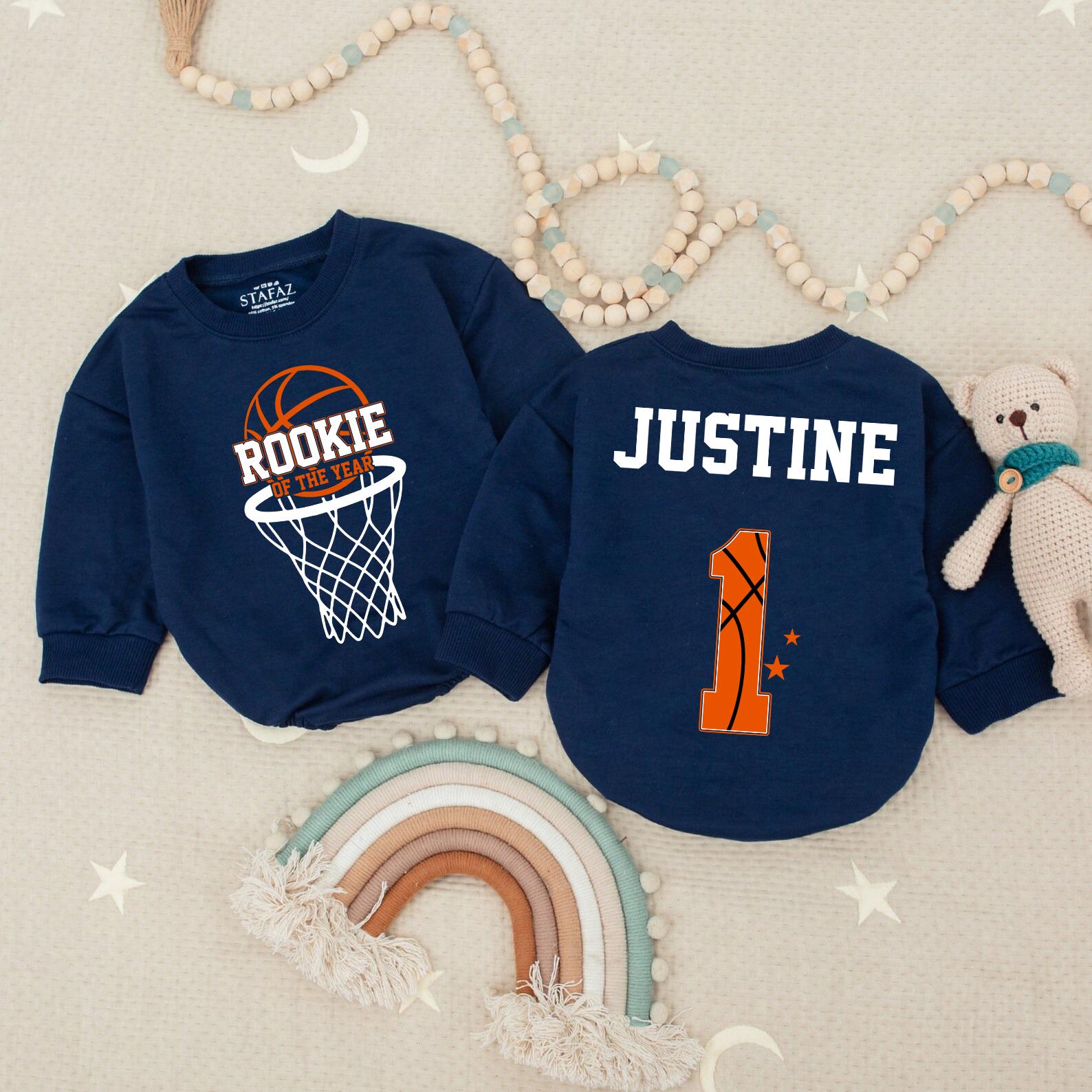 Rookie of the Year 1st Birthday Romper for Baby Ballers! Custom Justine One Bodysuit, Sporty First Birthday Outfit, Orange & Black Basketball Theme