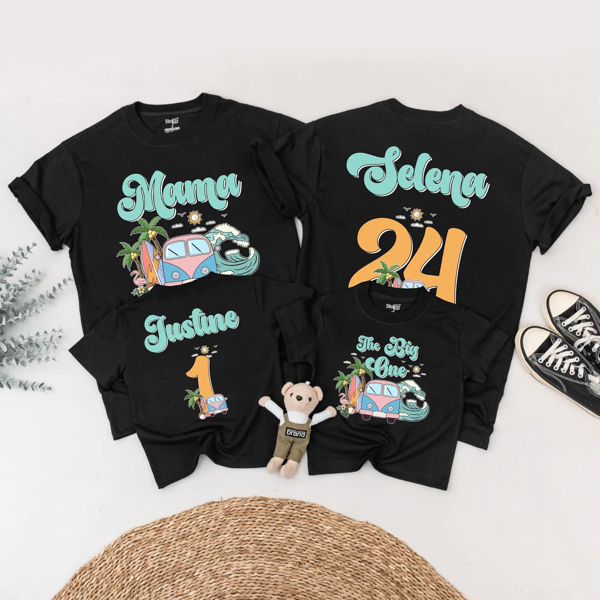 Matching Surf Style Family Beach Shirts, Custom Mama Selena & Kids' Names, Retro Vacation Tee with Orange Numbers, Fun Summer Outfits