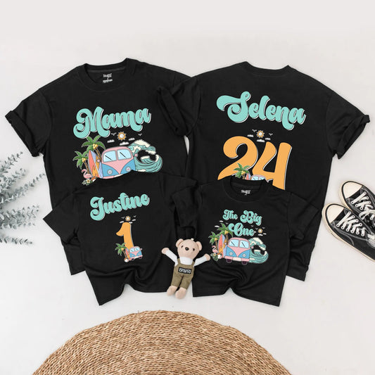 Matching Surf Style Family Beach Shirts, Custom Mama Selena & Kids' Names, Retro Vacation Tee with Orange Numbers, Fun Summer Outfits