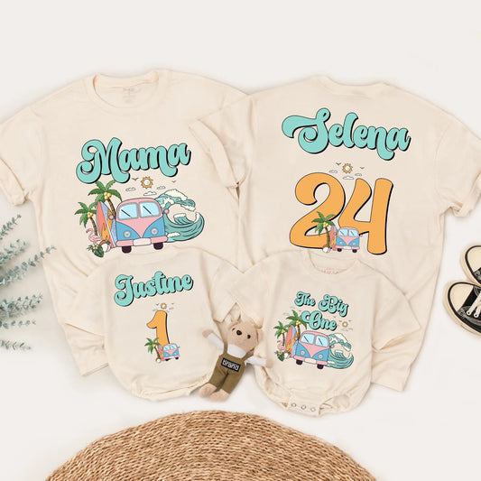 Matching Surf Style Family Beach Shirts, Custom Mama Selena & Kids' Names, Retro Vacation Tee with Orange Numbers, Fun Summer Outfits