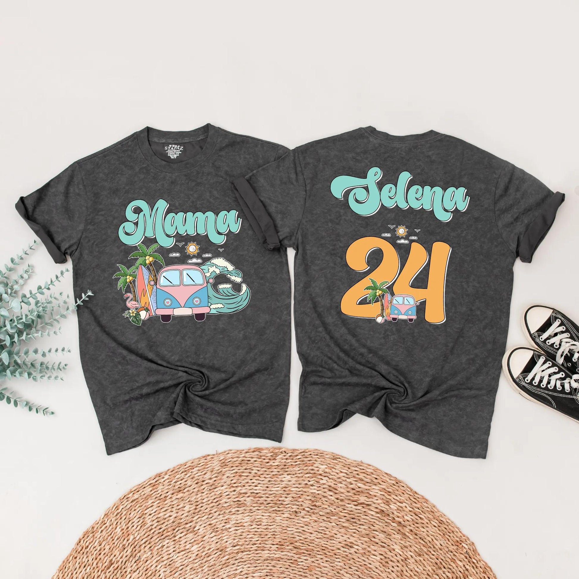 Matching Surf Style Family Beach Shirts, Custom Mama Selena & Kids' Names, Retro Vacation Tee with Orange Numbers, Fun Summer Outfits