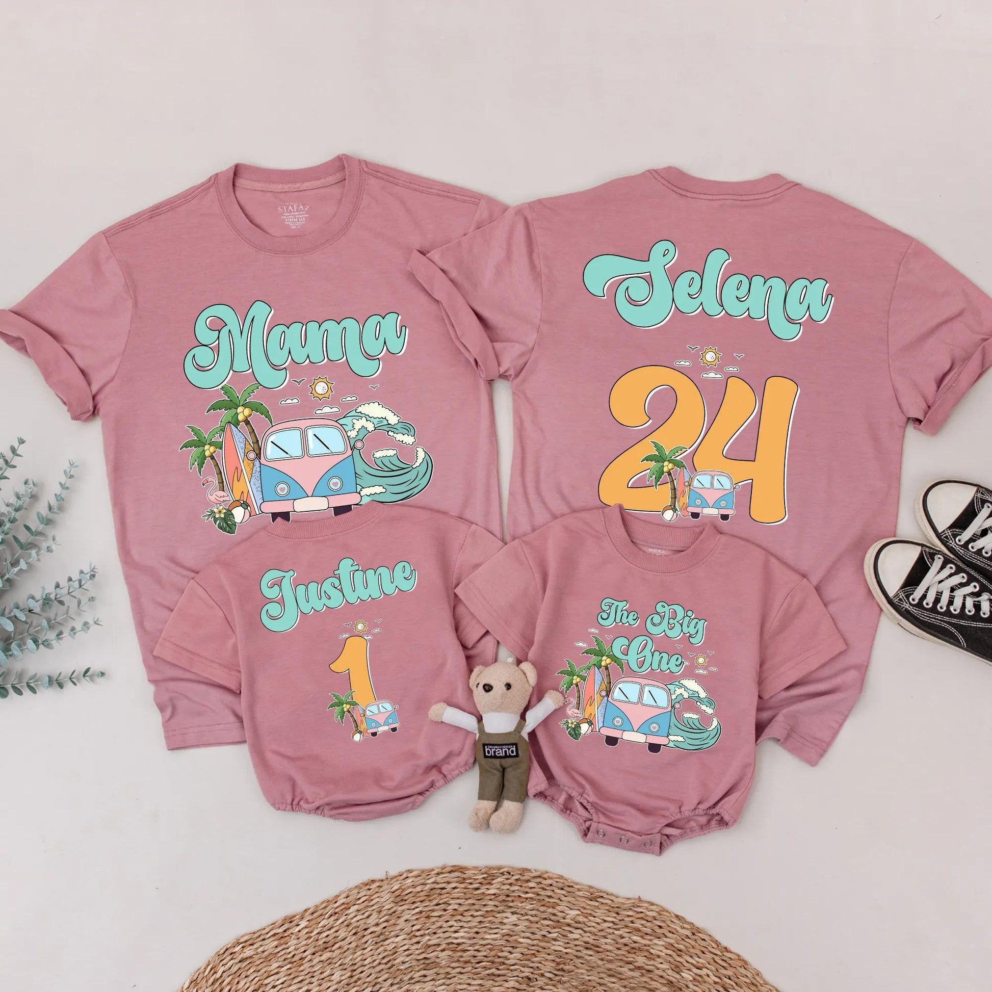 Matching Surf Style Family Beach Shirts, Custom Mama Selena & Kids' Names, Retro Vacation Tee with Orange Numbers, Fun Summer Outfits