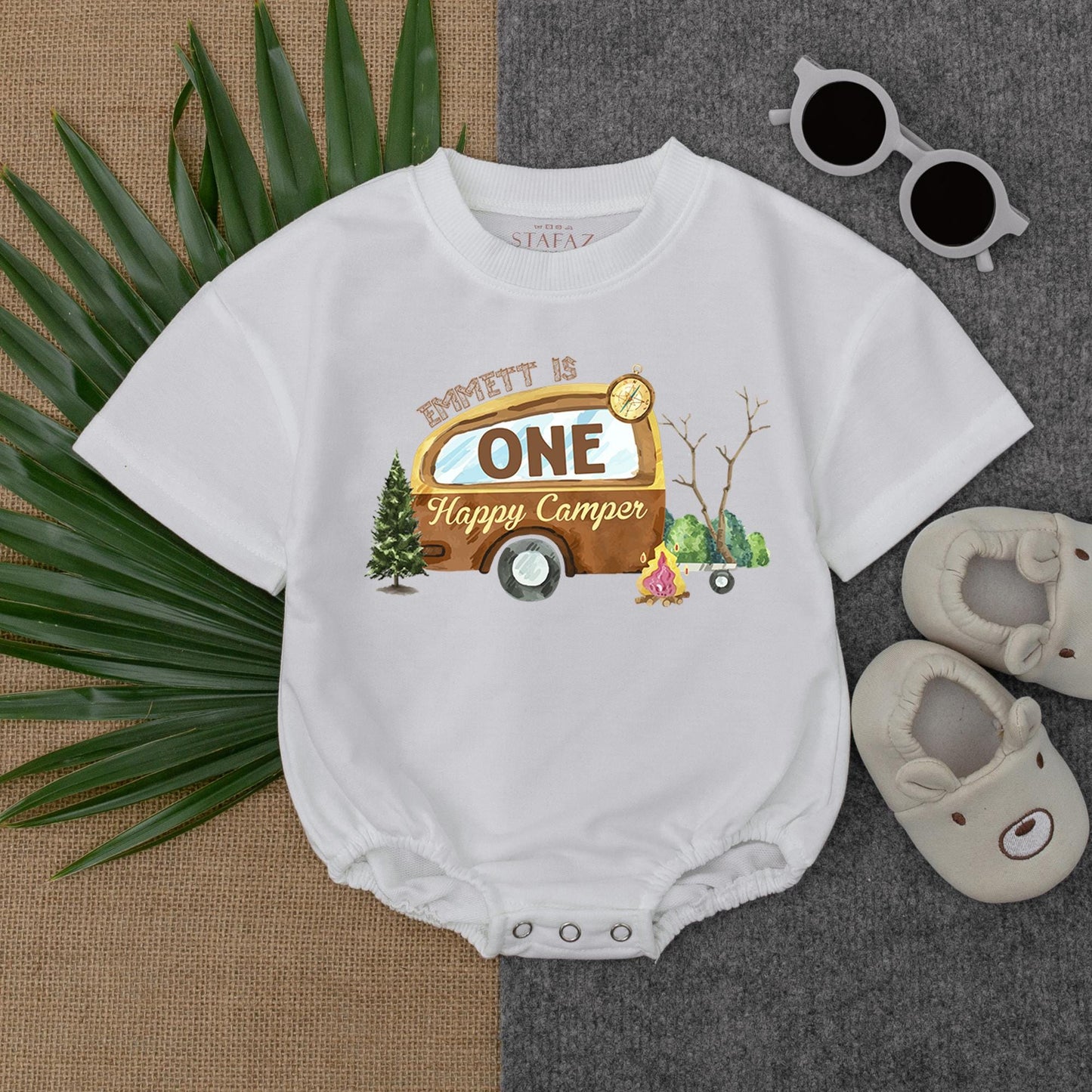 Custom One Happy Camper Baby Boy 1st Birthday Romper Camping Adventure Woodland Forest Theme Short Sleeve Bubble Outfit