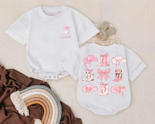 Pink Bow Cowgirl Birthday Romper - Personalized Name Western Baby Girl Outfit, Rodeo Theme Summer Bubble Romper Gift