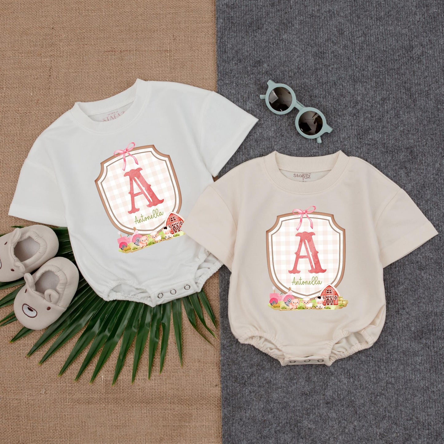 Baby Farm Girl T-shirt Bubble Romper, Custom Name, Cow & Chick Birthday Outfit for Girls, Barnyard Theme, Baby Girl Gift (140 chars)