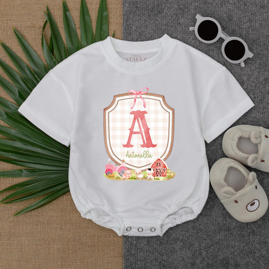 Baby Farm Girl T-shirt Bubble Romper, Custom Name, Cow & Chick Birthday Outfit for Girls, Barnyard Theme, Baby Girl Gift (140 chars)