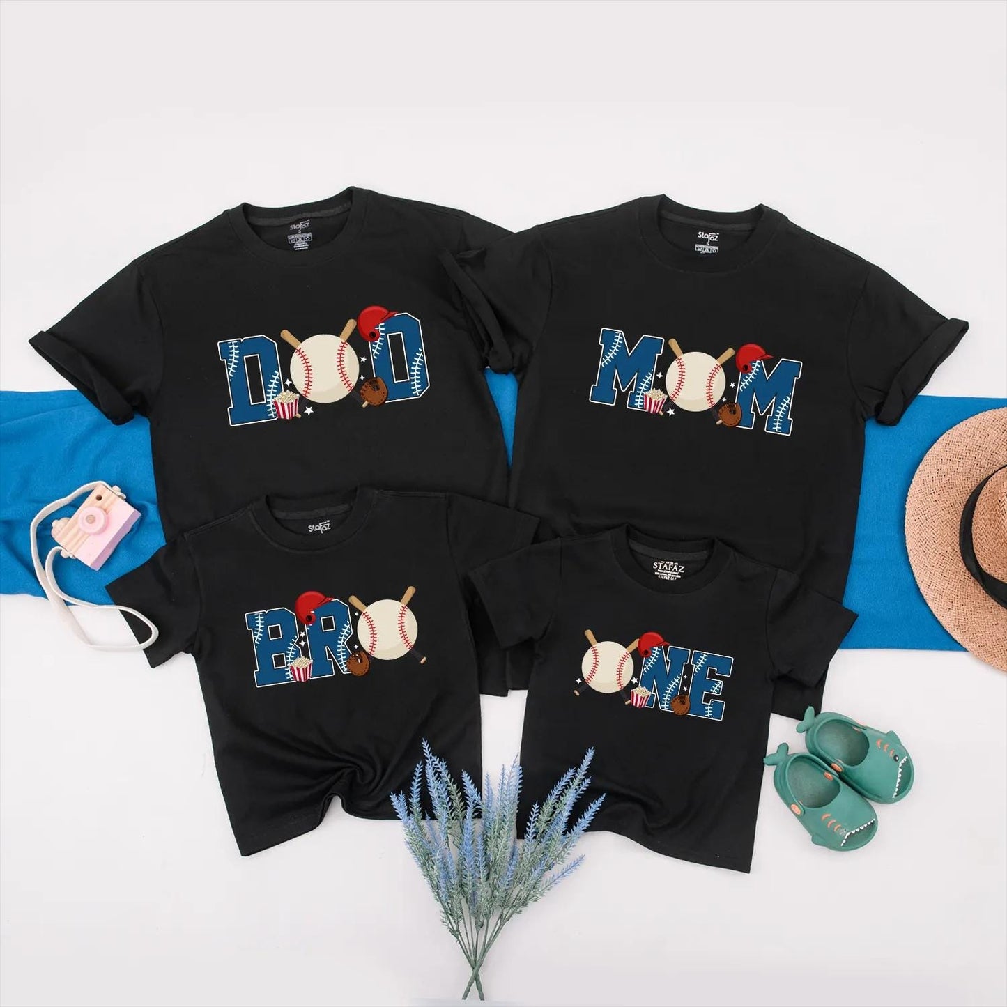 Baseball Birthday Family Matching Shirts Dad Mom Bro One First Birthday Outfit themed party clothes for baby boy, toddler, and parents celebrating a fun sports event.