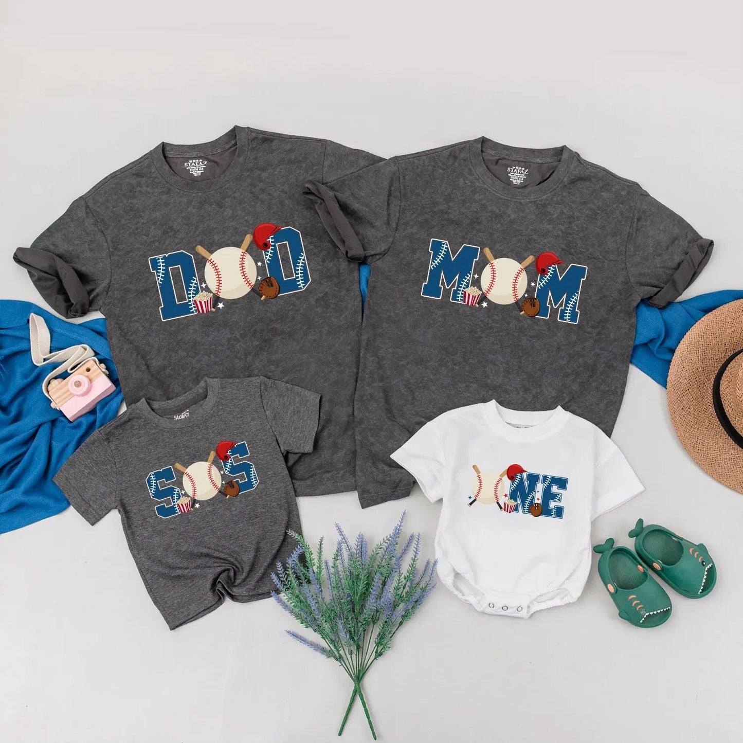 Baseball Birthday Family Matching Shirts Dad Mom Bro One First Birthday Outfit themed party clothes for baby boy, toddler, and parents celebrating a fun sports event.