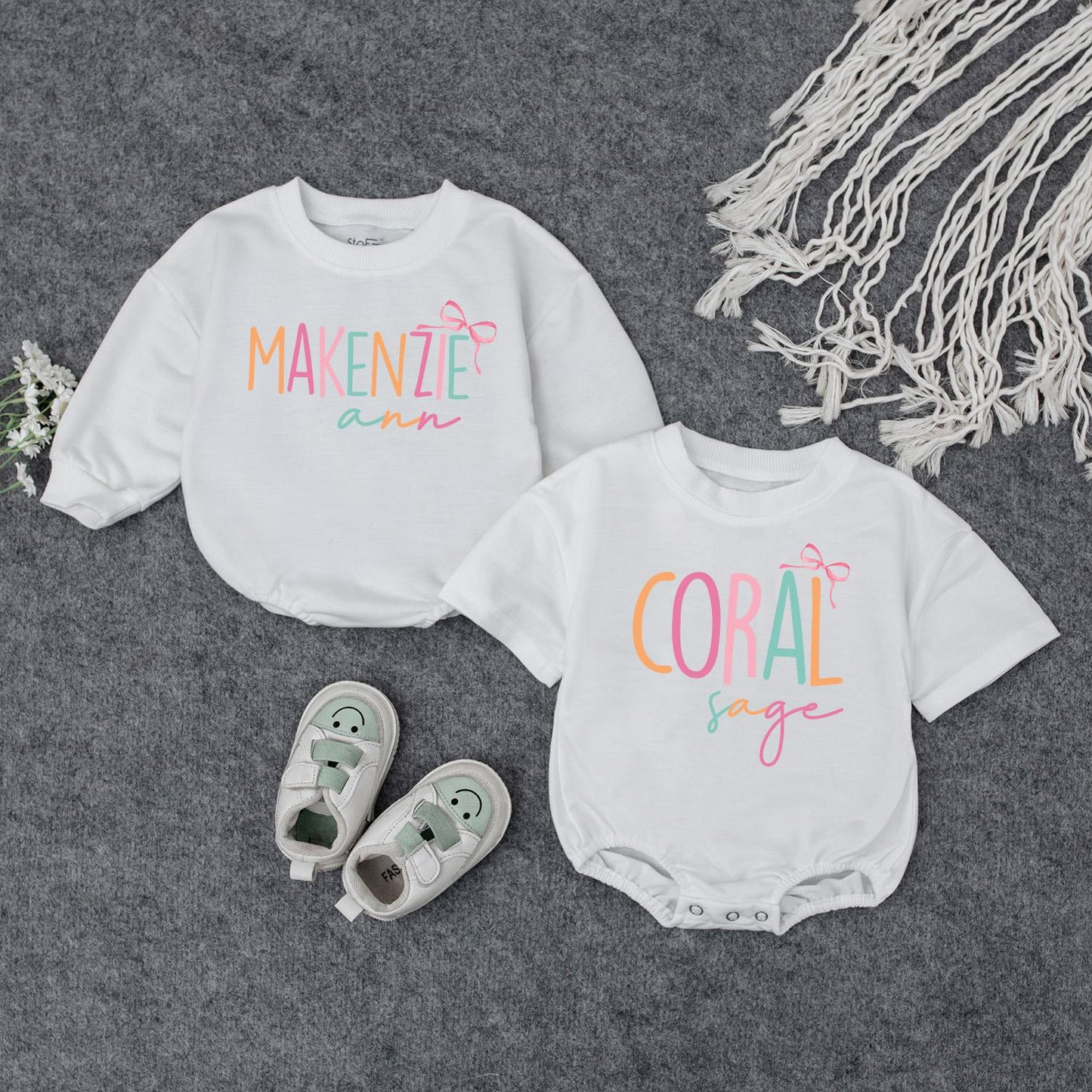 Personalized Makenzie & Coral Baby Girl Romper Newborn Outfit Custom Name Infant Clothes with Bow Baby Shower Gift