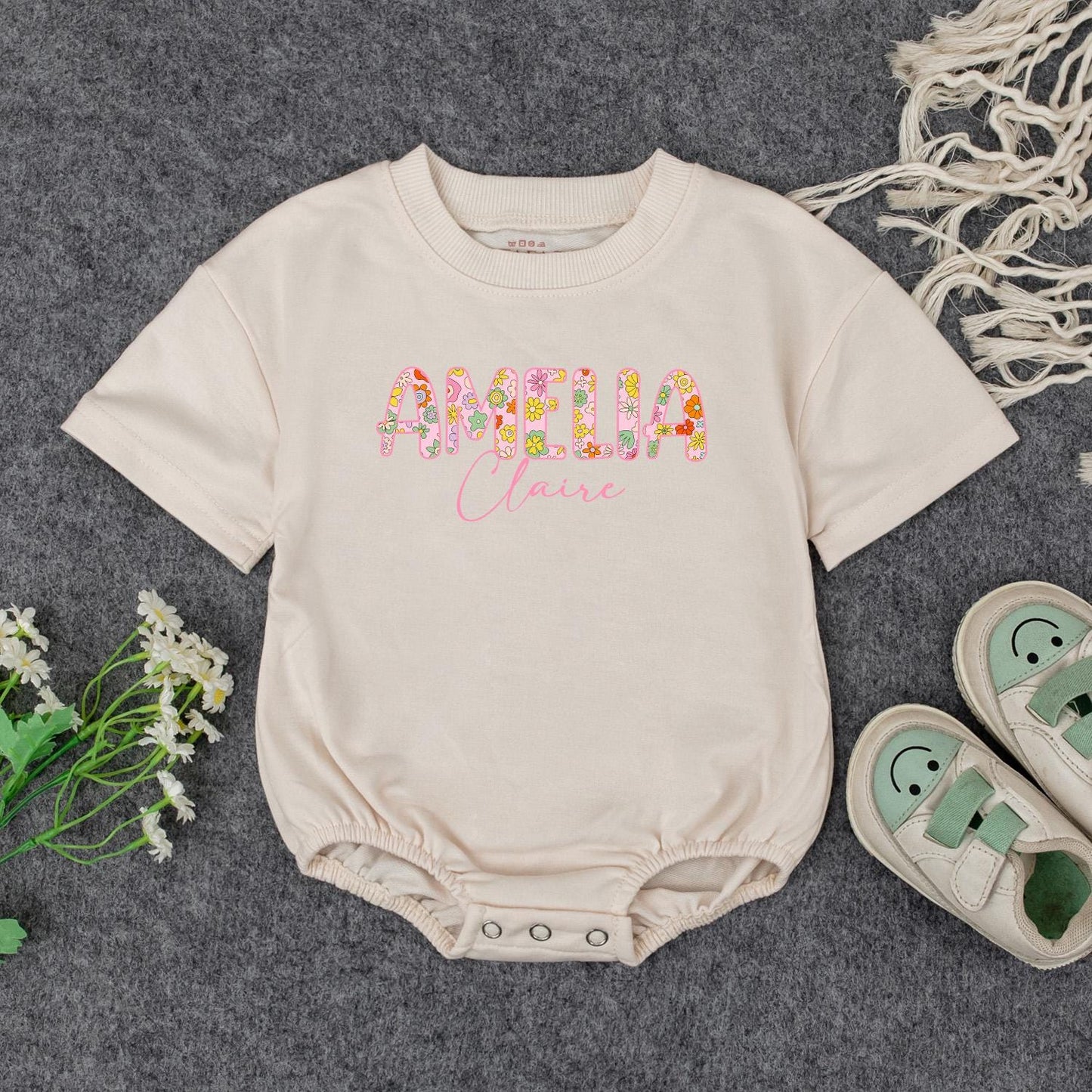 Personalized Baby Girl Romper with Floral First Name & Pink Cursive Middle Name Custom Newborn Outfit Baby Shower Gift