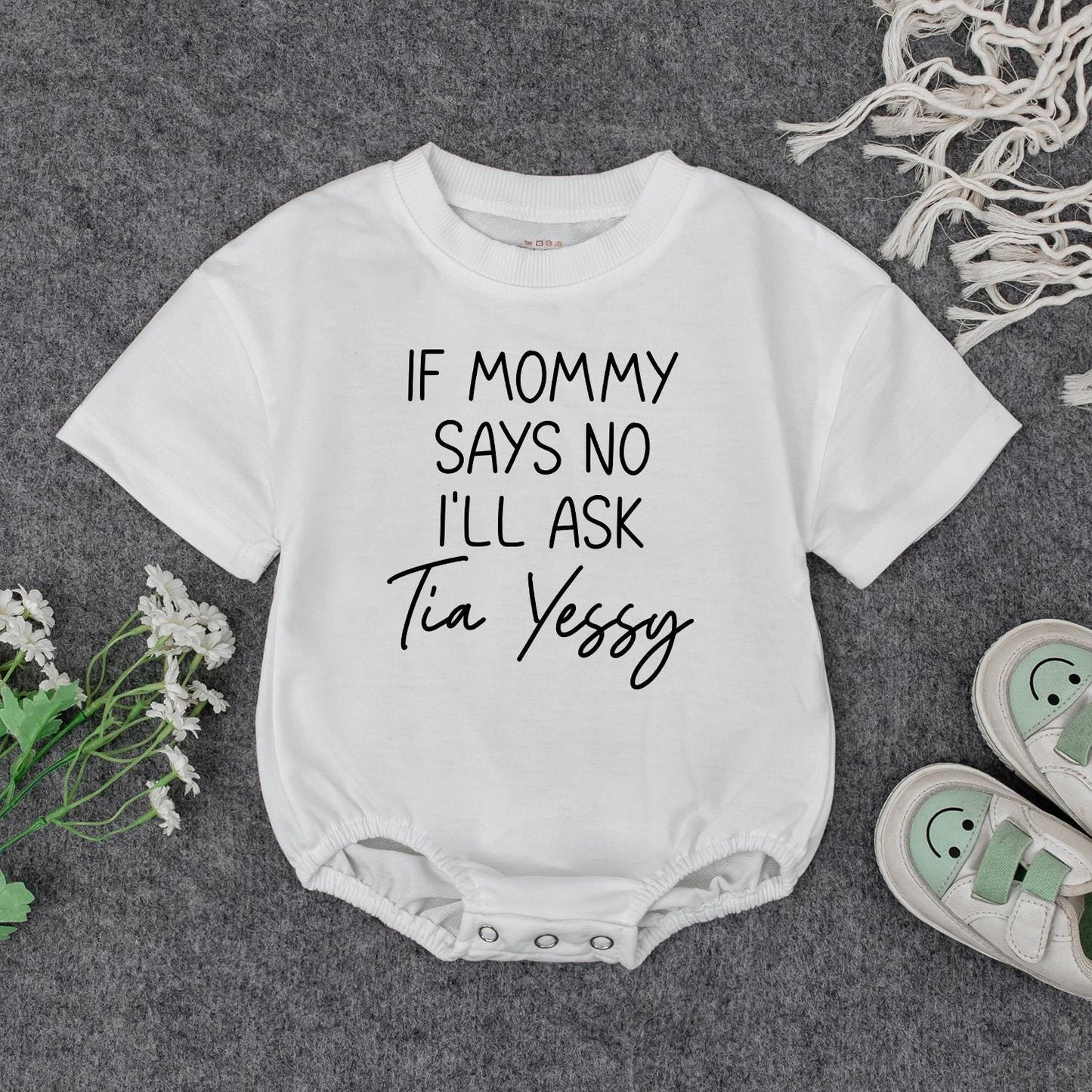 Funny Personalized Baby Romper If Mommy Says No I'll Ask Auntie Gift Modern Script Text Newborn Infant Bodysuit Soft Cotton Outfit Idea