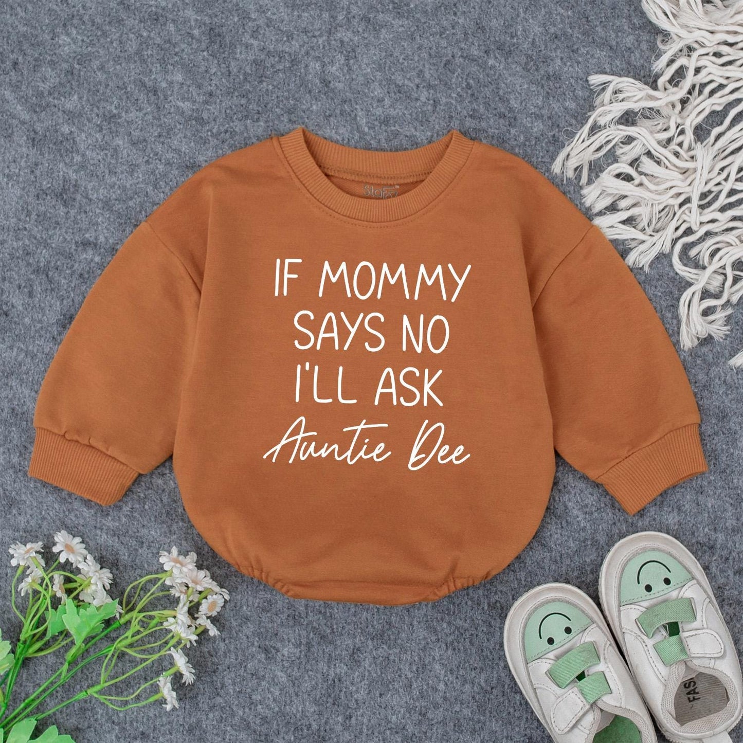 Funny Personalized Baby Romper If Mommy Says No I'll Ask Auntie Gift Modern Script Text Newborn Infant Bodysuit Soft Cotton Outfit Idea