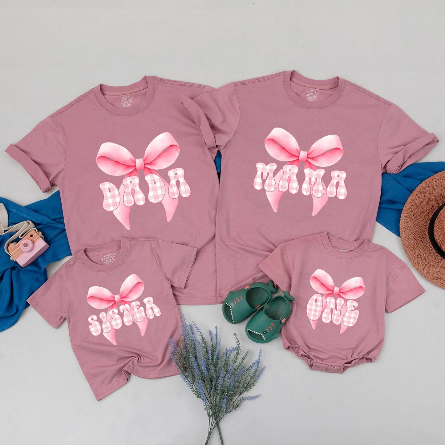 Personalized Pink Bow First Birthday Matching Outfits Mama Baby Girl Coquette Party Special Day Celebration