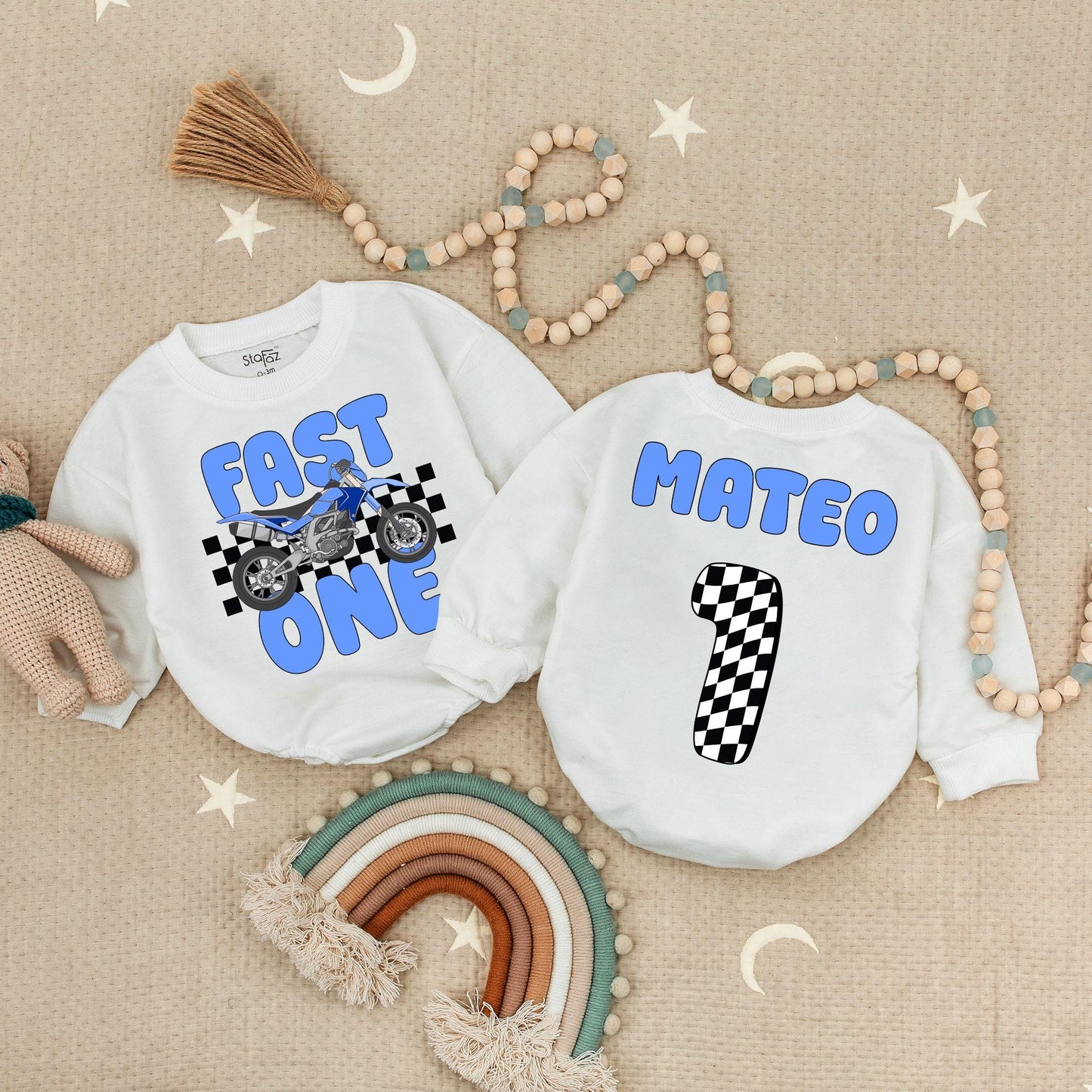 Fast One Motorcycle Romper for Baby Boy's 1st Birthday, Checkered Racing Bodysuit for Moto Birthday, Blue Dirt Bike Outfit, Mateo Number One Party Theme 138 chars