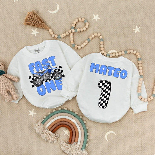 Fast One Motorcycle Romper for Baby Boy's 1st Birthday, Checkered Racing Bodysuit for Moto Birthday, Blue Dirt Bike Outfit, Mateo Number One Party Theme 138 chars