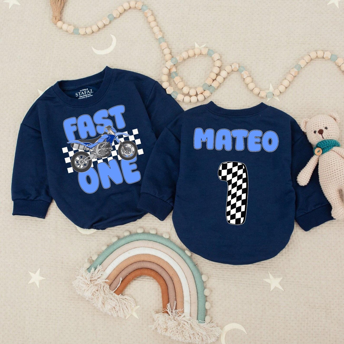 Fast One Motorcycle Romper for Baby Boy's 1st Birthday, Checkered Racing Bodysuit for Moto Birthday, Blue Dirt Bike Outfit, Mateo Number One Party Theme 138 chars