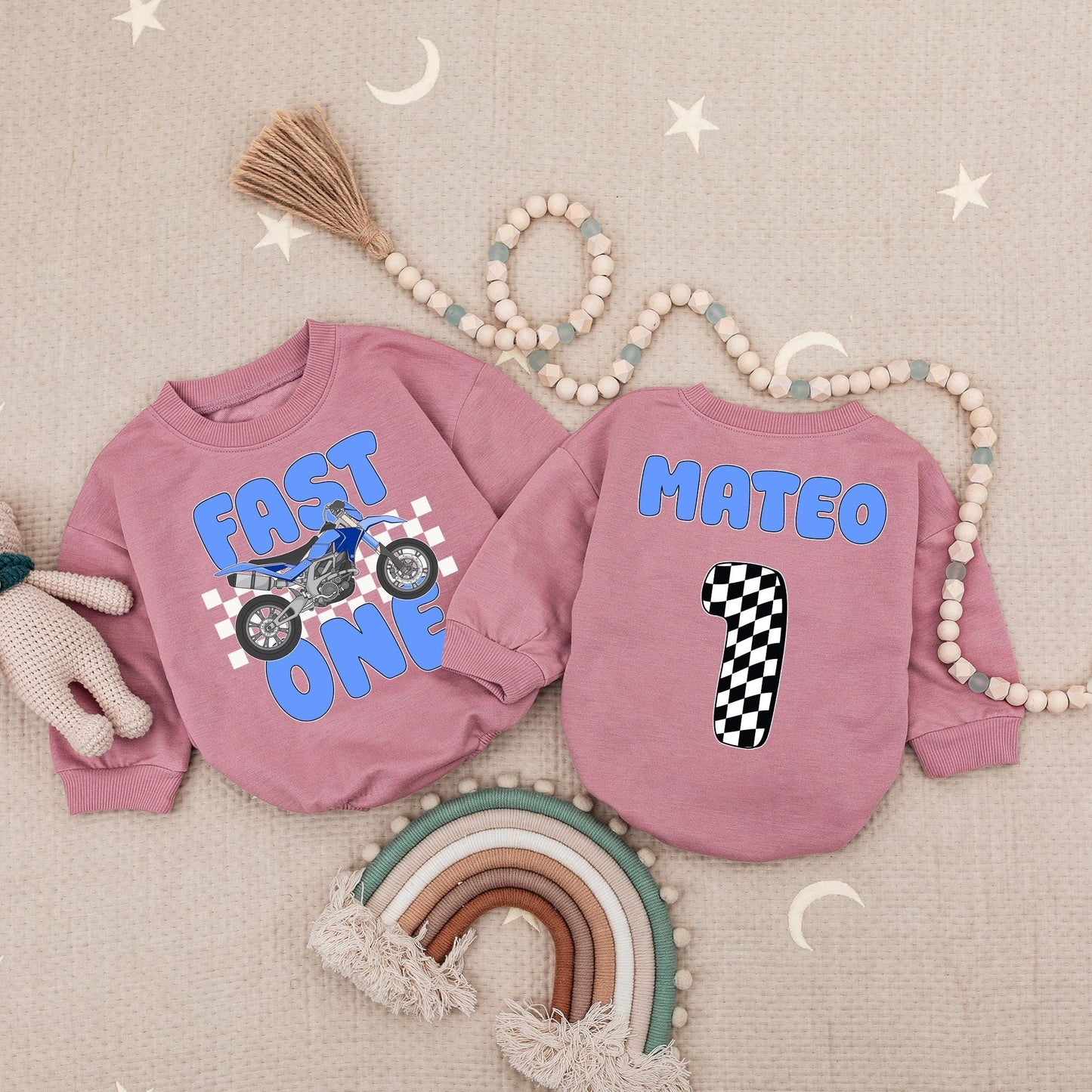 Fast One Motorcycle Romper for Baby Boy's 1st Birthday, Checkered Racing Bodysuit for Moto Birthday, Blue Dirt Bike Outfit, Mateo Number One Party Theme 138 chars