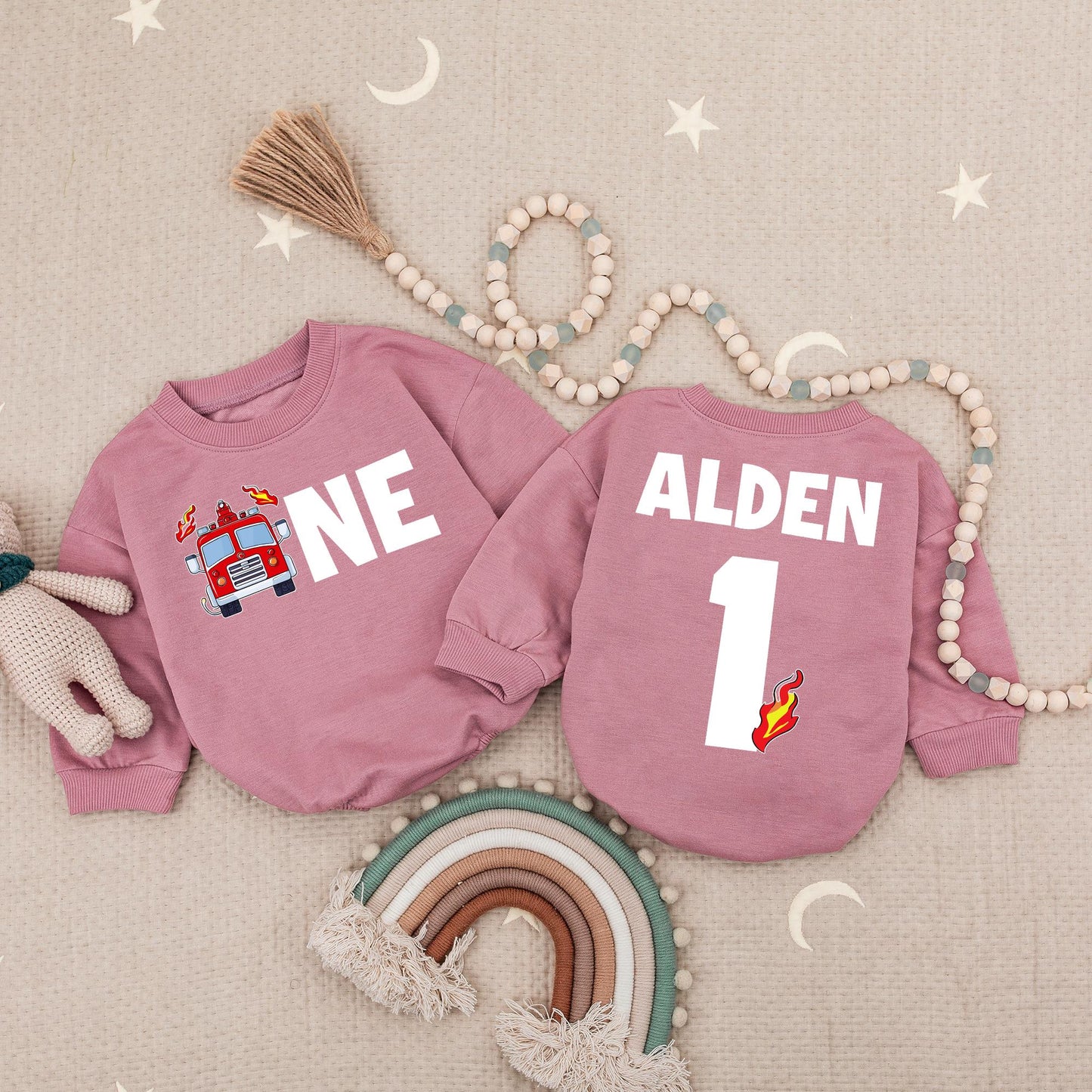 Firetruck Fireman 1st Birthday Baby Romper, Boy's Fire Truck Outfit, Alden's One Firefighter Bodysuit, Red Black Celebration Clothes