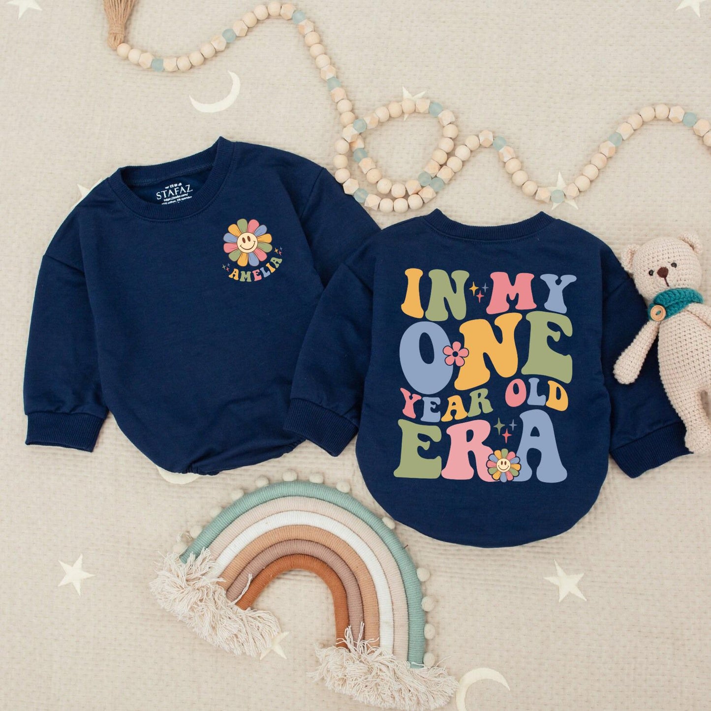 Personalized 'In My One Year Old Era' Romper with Retro Font & Flower Accent, Custom Amelia Romper, First Birthday Outfit, Cheerful Baby Romper