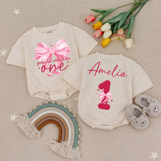 Girls Just Wanna Be One Bodysuit Cute Pink Bows 1st Birthday Baby Romper Personalized Name Amelia One Year Old Bubble Outfit