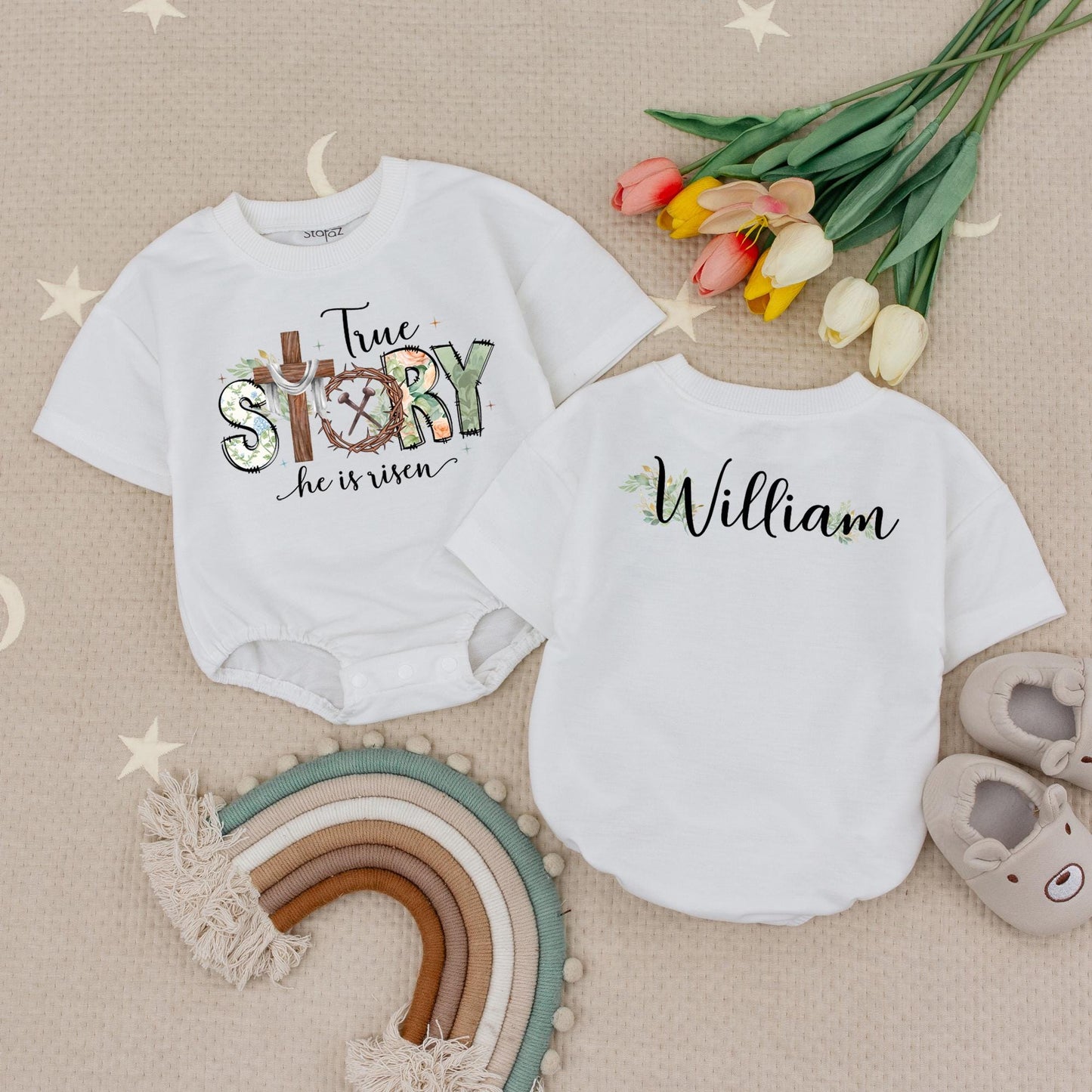 True Story Floral Easter Baby Bodysuit, He is Risen Outfit, Custom Name Romper, Christian Gift, Floral Accent, Baby Boy Girl Clothes 138 chr