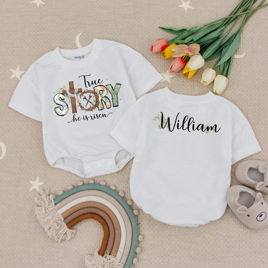True Story Floral Easter Baby Bodysuit, He is Risen Outfit, Custom Name Romper, Christian Gift, Floral Accent, Baby Boy Girl Clothes 138 chr