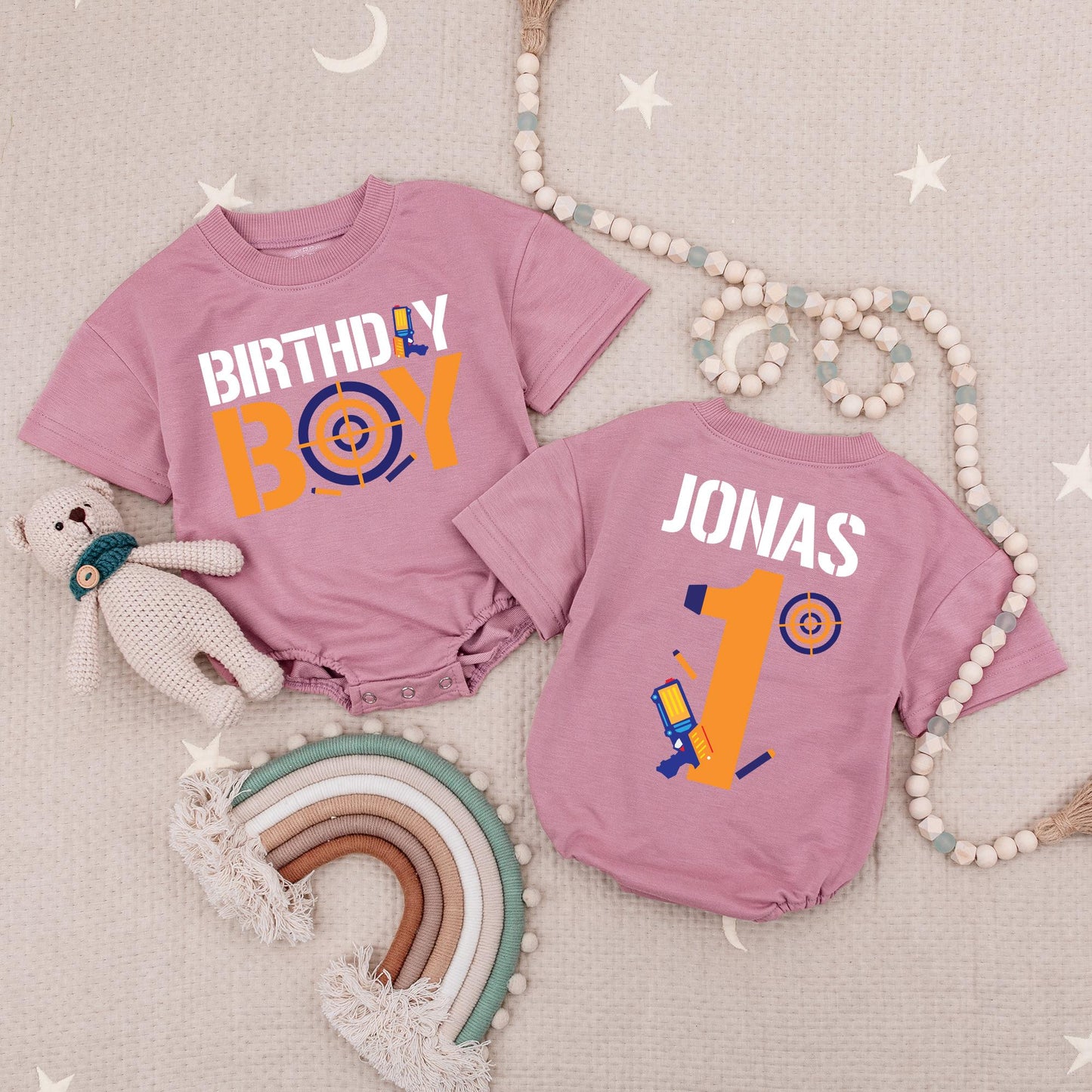 Birthday Boy Target Dart Gun Romper Set: Jonas 1st Birthday Outfit with Toy Gun & Blue Target. Baby Boy Shooting Party