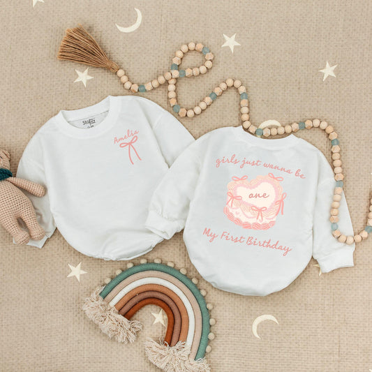 Girls Just Wanna Be One Birthday Romper Sweet Pink Swirls & Bows My First Birthday Bodysuit Adorable 1st Birthday Celebration Outfit