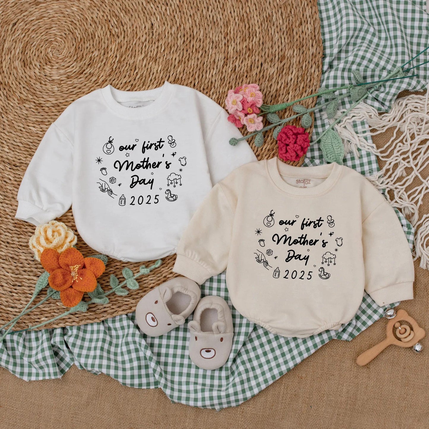 Retro Our First Mother's Day Romper Baby Girl Sleepsuit Minimalist Design New Mom Gift for Mother's Day, Comfortable Baby Clothes