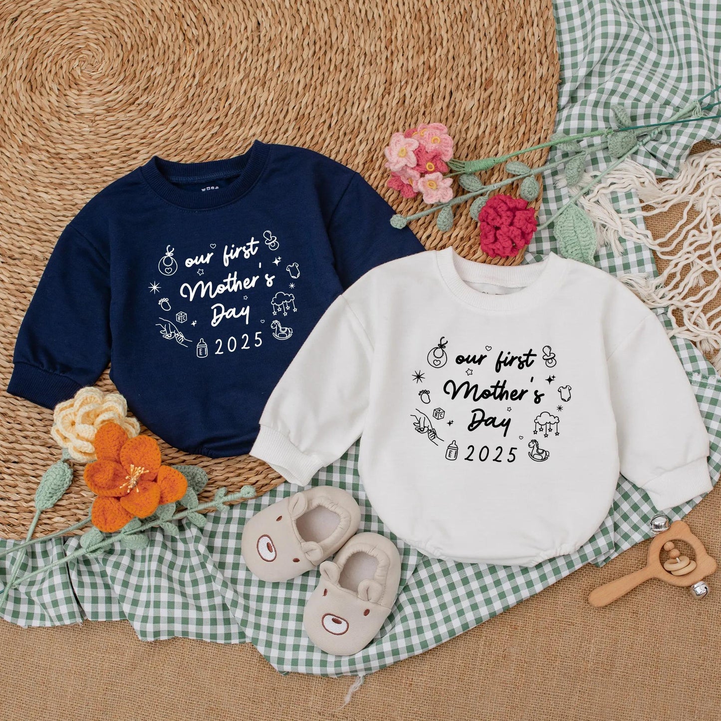 Retro Our First Mother's Day Romper Baby Girl Sleepsuit Minimalist Design New Mom Gift for Mother's Day, Comfortable Baby Clothes