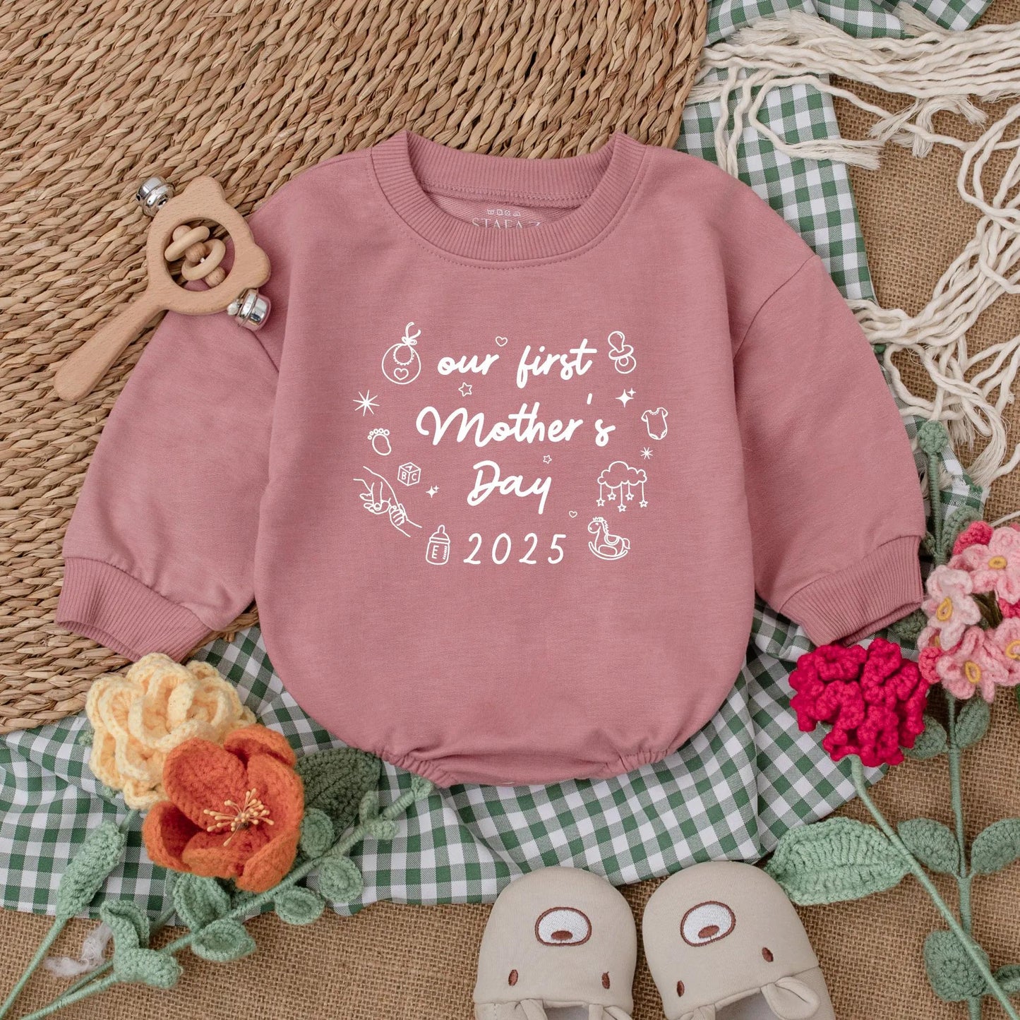 Retro Our First Mother's Day Romper Baby Girl Sleepsuit Minimalist Design New Mom Gift for Mother's Day, Comfortable Baby Clothes