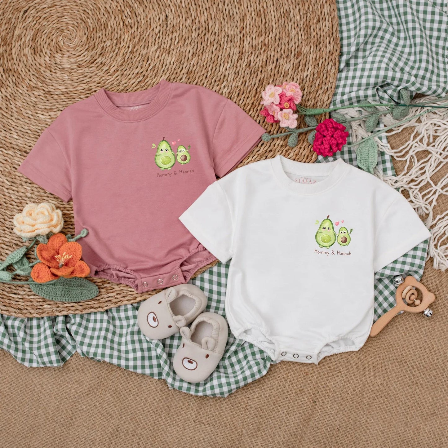 Personalized Avocado First Mother's Day Romper Gift for Baby Girl, Cute Happy Mommy Bodysuit, New Mom Present, Soft Cotton Outfit